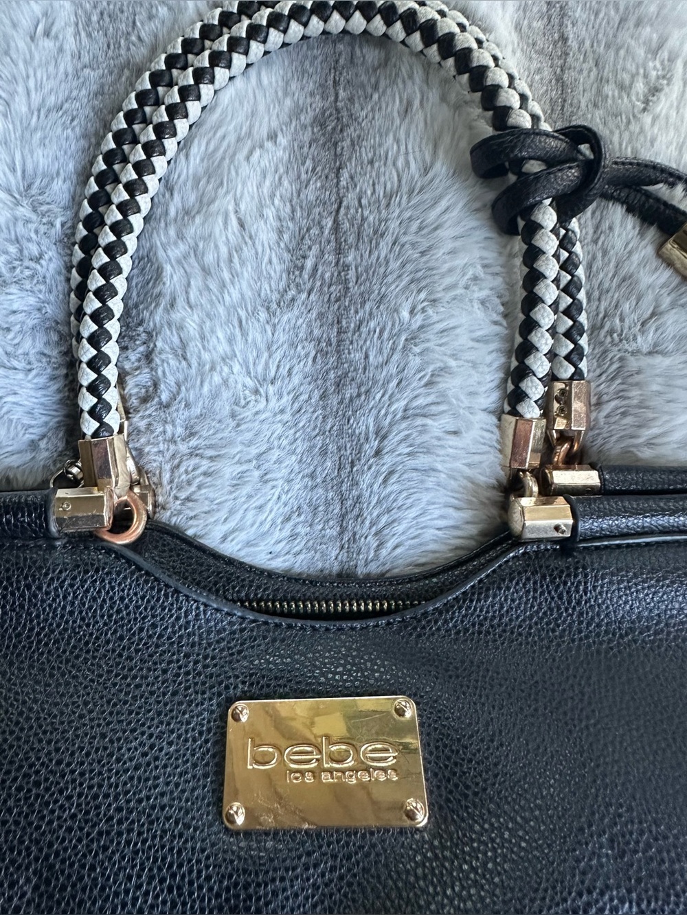 Bebe Natalie Braided Handle Black Faux Leather Satchel - Picture 3 of 13